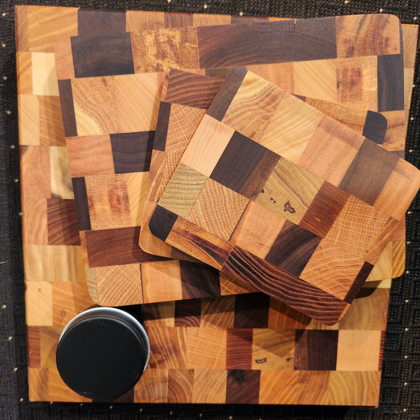 Cutting Board, Trivet, and Coaster Set, end grain board pattern, wood conditioner oil