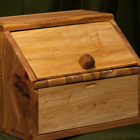 Handcrafted bread box, wood bread box, cutting board shelf, handcrafted by Green Man's Craft